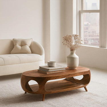 Sculptural Oval Coffee Table With Shelf For Living Room