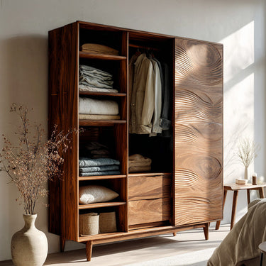 Minimal Wardrobe With Carved Front For Bedroom Space