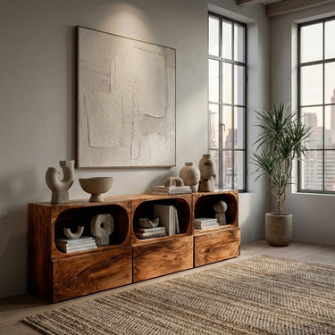 Minimal Wooden Sideboard With Rounded Edge Shelf For Living