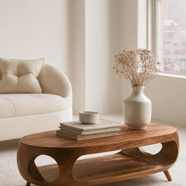 Sculptural Oval Coffee Table With Shelf For Living Room