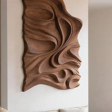 Organic Flowing Carved Wood Art Panel For Living Room