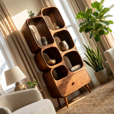Modern Wood Bookshelf With Open Compartments For Living Decor