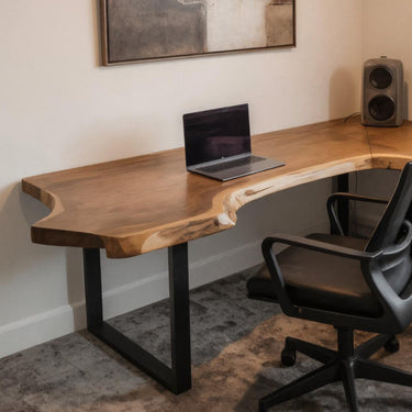 Live Edge L Shaped Desk Solid Wood Office Table with Metal Legs for Modern Home Office