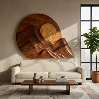Handcrafted Mountain Sun Wood Wall Art For Living Room
