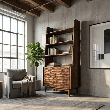 Modern Bookshelf With Carved Wave Cabinet Doors For Home