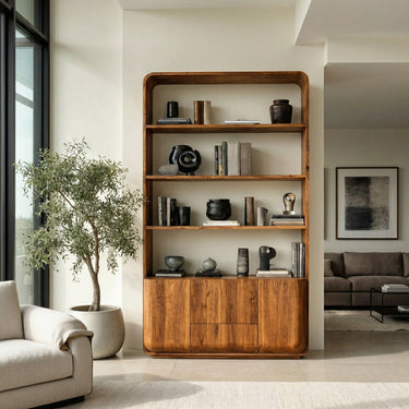 Modern Wooden Bookshelf With Round Edges For Living Room
