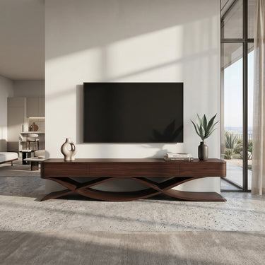 Modern TV Console With Interlocking Sculptural Base For Living Room