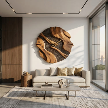 Organic Sculptural Wooden Wall Clock For Living Room
