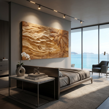 Tropical Modern Palm Wood Wall Art Neutral Living Room Decor