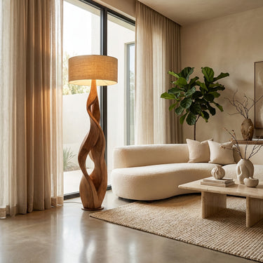 Sculptural Wooden Floor Lamp With Fabric Shade For Bedroom