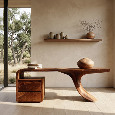 Modern Wood Desk With Unique Curved Base For Workspace