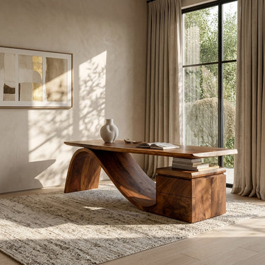 Organic Wooden Desk With Undulating Base For Home Office