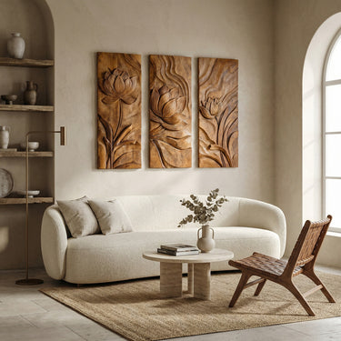 Scandinavian Carved Wood Floral Art For Living Room