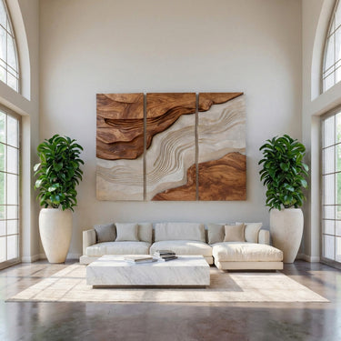 Large Triptych Wooden Wave Wall Art For Living Room
