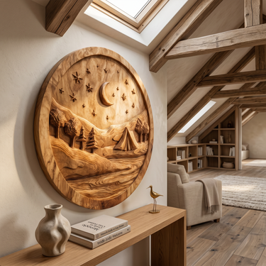 Round Camping Scene Wood Wall Art For Cozy Modern Home Decor