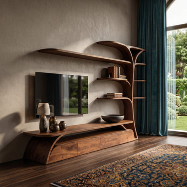 Organic Wooden TV Stand With Display Shelves For Living Room