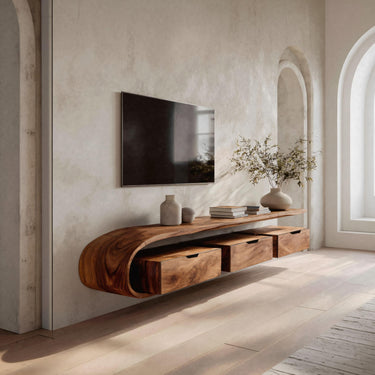 Minimal Curved Floating TV Console With Drawers For Living