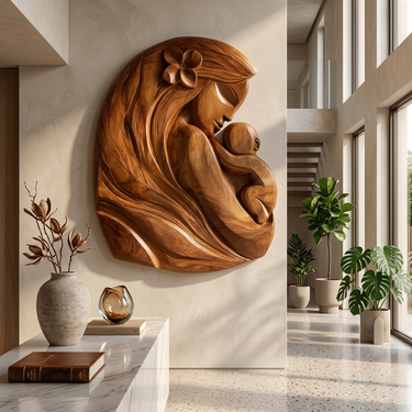 Mother And Child Wall Sculpture With Organic Design For Entryway