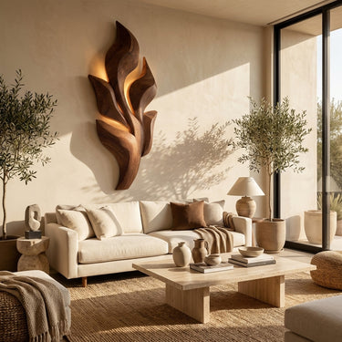 Sculptural Wooden Leaf Wall Lamp With Warm Light For Home
