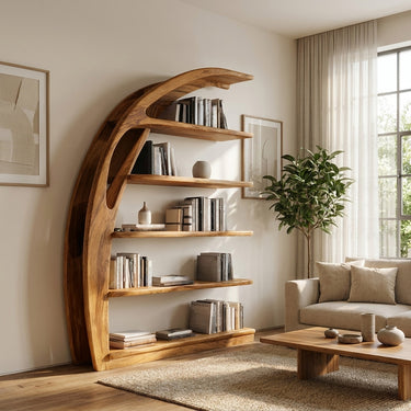 Minimal Curved Wooden Bookshelf For Living Room Display