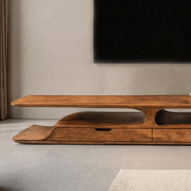 Handcrafted Organic Curved TV Shelf With Drawers For Living Decor