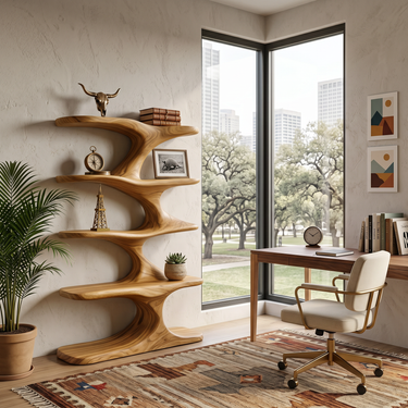 Natural Wood Bookshelf With Decorative Open Shelving For Living Room