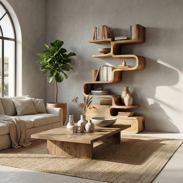 Scandinavian Sculptural Wooden Bookshelf With Organic Shape For Living Room