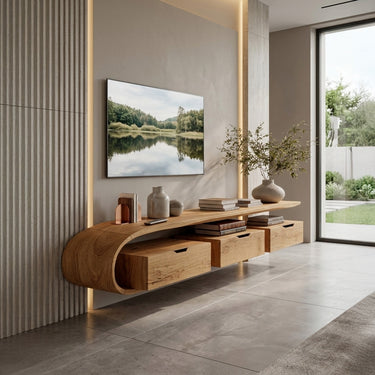 Minimal Curved Floating TV Console With Drawers For Living