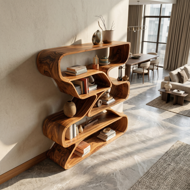 Minimalist Organic Wooden Shelf With Rounded Open Compartments