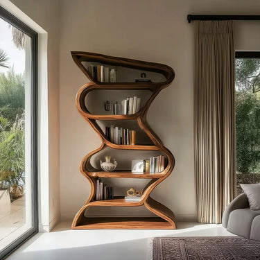 Modern Sculptural Bookshelf With Seamless Tiers For Living Room