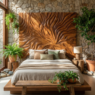 Abstract Flowing Grain Wood Headboard For Modern Minimalist Bedroom