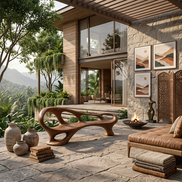 Organic Wooden Bench With Sculptural Continuous Frame For Entryway