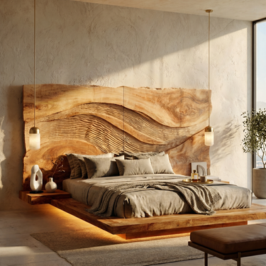 Contemporary Wave Carved Wood Headboard For Warm Minimalist Bedroom