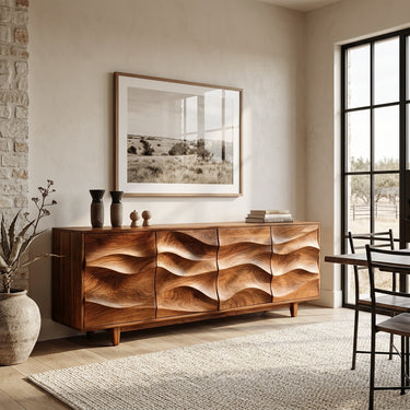 Rustic Wooden Sideboard With Undulating Doors For Living Room