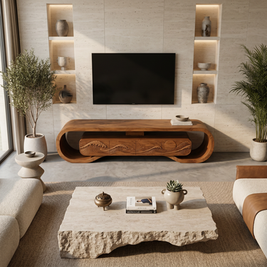 Wooden TV Stand With Carved Ocean Wave For Luxury Home