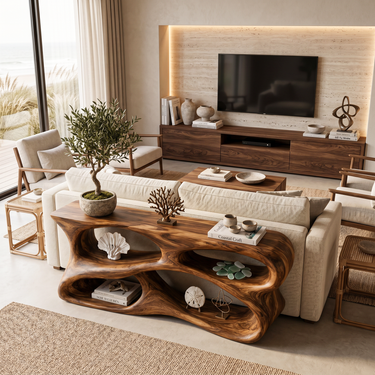 Handcrafted Console Table With Carved Storage Shelves For Contemporary Interior