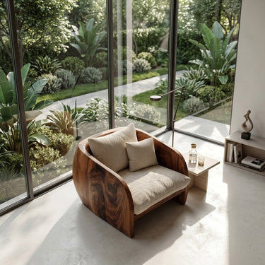 Organic Wooden Armchair With Rounded Frame For Luxury Living Room