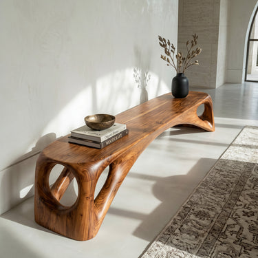 Organic Wooden Bench Hollow Design For Living Room