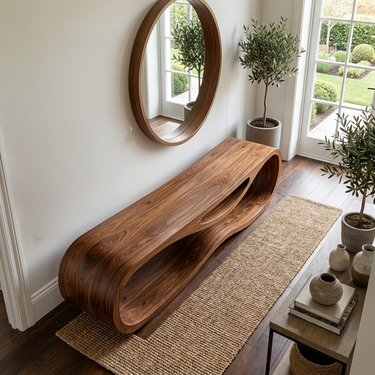 Sculptural Wooden Bench With Unique Wave Base For Entryway