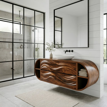 Luxury Wave Carved Bathroom Vanity With Open Storage For Bathroom