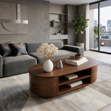 Modern Oval Coffee Table With Open Shelves For Living Room