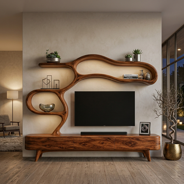 Organic Modern Wood TV Cabinet With Flowing Shelving For Living