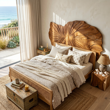 Sculptural Leaf Wood Headboard For Contemporary Neutral Bedroom