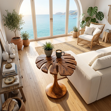 Modern Wooden Side Table Leaf Shape Top For Sofa Side