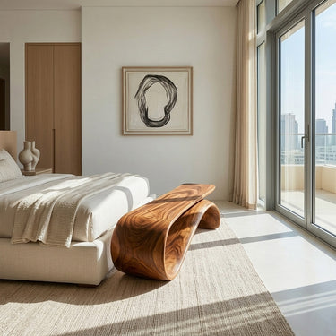 Modern Sculptural Wood Bench For Hallway Accent Decor