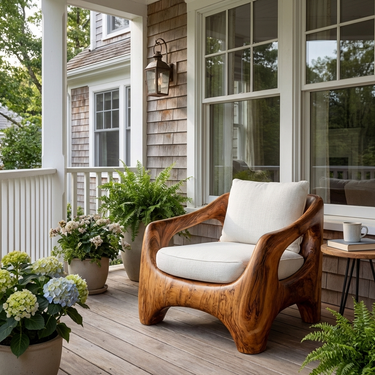 Wooden Armchair With Sculptural Frame For Porch