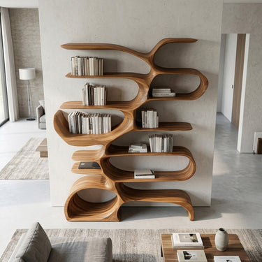 Sculptural Wooden Bookcase For Modern Living Room Storage