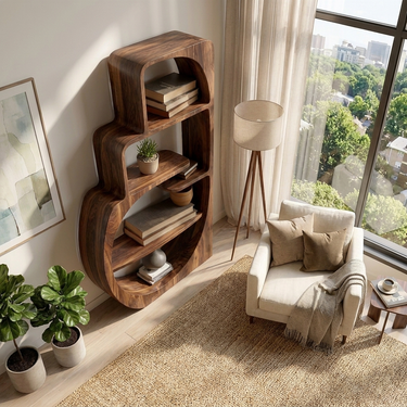 Organic Wood Bookshelf With Multiple Storage Levels For Living Room