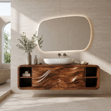 Handcrafted Floating Bathroom Cabinet With Open Shelf Sides For Bathroom