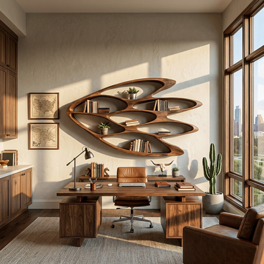 Wooden Wall Bookshelf With Unique Shape For Living Room Wall